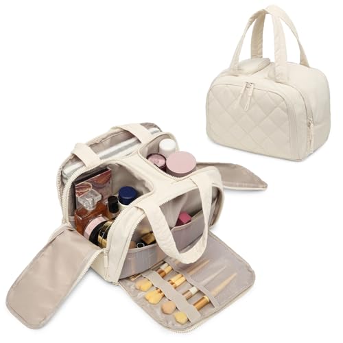 White Large Quilted Travel Toiletry Bag with Water-Resistant PVC & Mesh Pockets