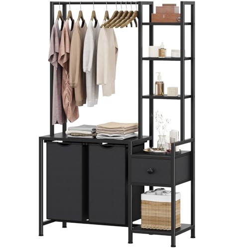 Laundry Hamper with Shelf & Removable Bags - Tall 5-Tier Clothes Organizer - Black
