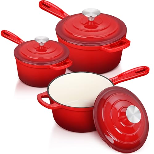 Leonyo 1+2+3 Qt Enamel Cast Iron Saucepan Set – Red Dutch Oven Cookware