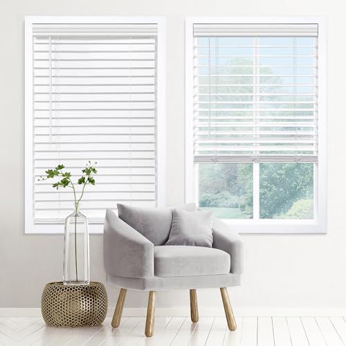 Cordless Faux Wood Window Blinds - Signature 2-Inch Slats, White, 70 x 48 Inches - Embossed Finish