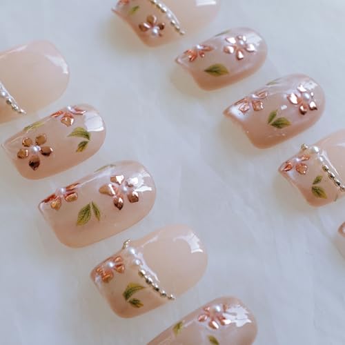 [GLORS] Short Square Press On Nails, Nude Pink with Rose Gold Foil and Pearl Accents, 10 Pieces (Small, SS)