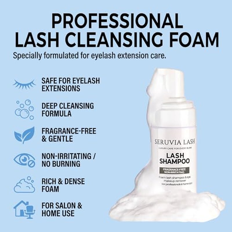 Eyelash Shampoo for Eyelash Extensions (3.4 fl oz / 100ml) - Sensitive Eyelid Foaming Cleanser - Oil-Free Lash Bath for Daily Aftercare - Includes Soft Brush & Mascara Wand