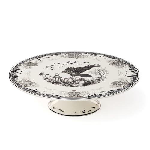 Haunted Village Cake Plate - Halloween Porcelain Serving Dish with Raven Design - Variation of THIS listing