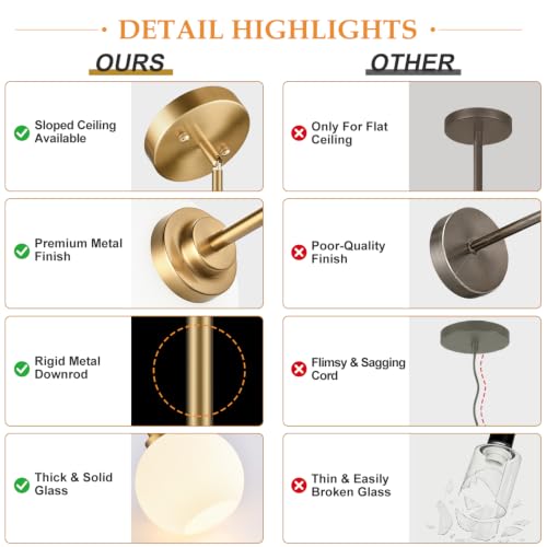 2 Pack Brushed Gold Globe Pendant Lights with Milky White Glass - Adjustable Kitchen Island Lights