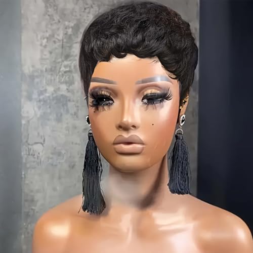 ShowReal Short Wavy Pixie Cut Human Hair Wig - Black, Glueless, Model 9047-1B