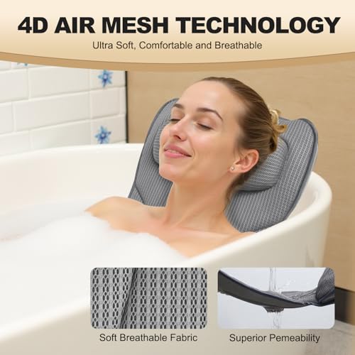 Gray Extra Long Bath Pillow with Lumbar Support - 4D Air Mesh Spa Cushion