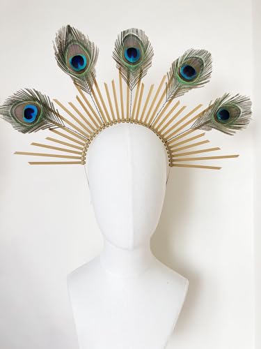 Peacock Feather Gold Halo Crown Headband with Earrings - Bridal Festival Cosplay