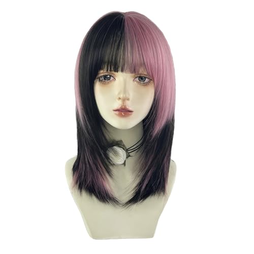 WKLOUYHE Women's Short Straight Wig with Bangs - Shoulder Length Bob, Heat Resistant Synthetic Hair, Black & Pink