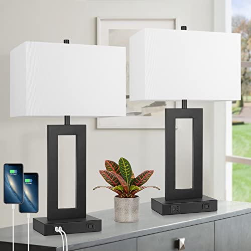 TOBUSA 22-Inch White Modern Touch Control Table Lamp Set of 2 with USB Ports
