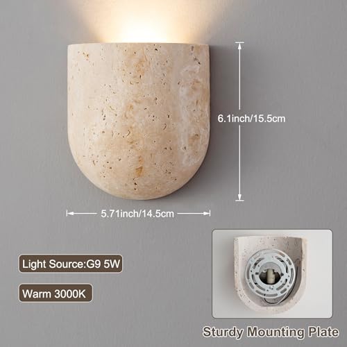 Half Bowl Travertine Wall Sconce - Up Light Only, 6.1 Inch Natural Stone Minimalist Wall Lamp with G9 LED Bulb