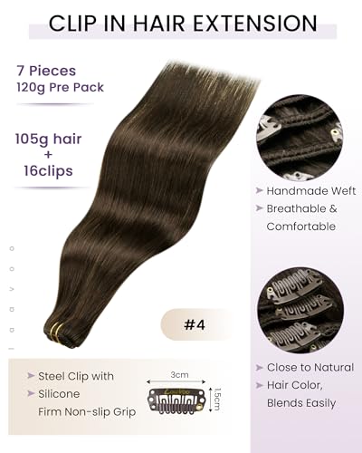 Clip-In Hair Extensions Real Human Hair Silky Straight 14 Inch Light Chocolate Brown - 120g 7Pcs