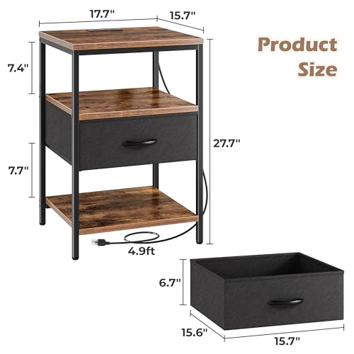 Nightstand with Charging Station L - Rustic Brown & Black, 15.7”D x 17.7”W x 27.7”H