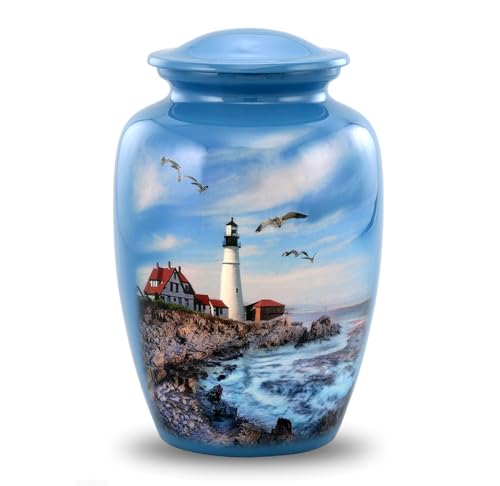Full Size Ocean Blue Lighthouse Cremation Urn for Adults - Holds Up to 210 Lbs