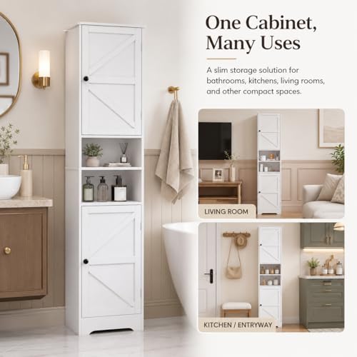 Tall Bathroom Storage Cabinet - White Freestanding Vertical Organizer with Adjustable Shelves