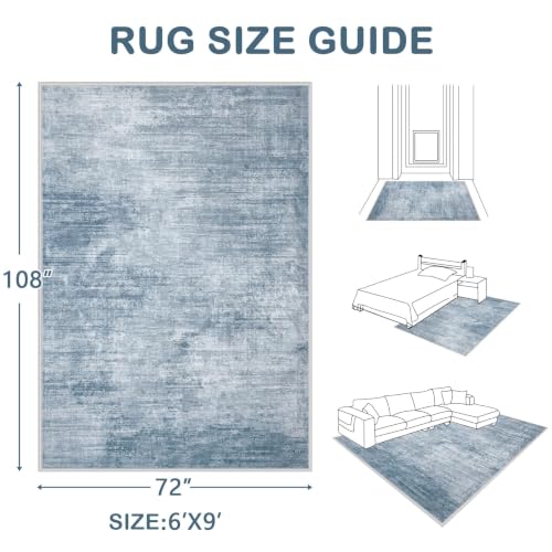 Blue 6x9 Washable Modern Abstract Area Rug - Non Slip, Stain Resistant for Living Room, Bedroom, Kitchen, Office