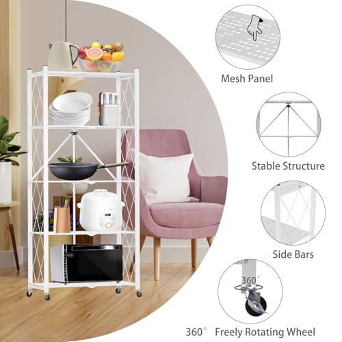 White 5-Tier Folding Storage Shelf with Wheels - No Assembly, Heavy Duty Steel