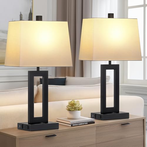 Black Bedside Table Lamp Set of 2 with USB & Type-C Ports - Modern Nightstand Lamps with Fabric Shades - White & Black Variation
