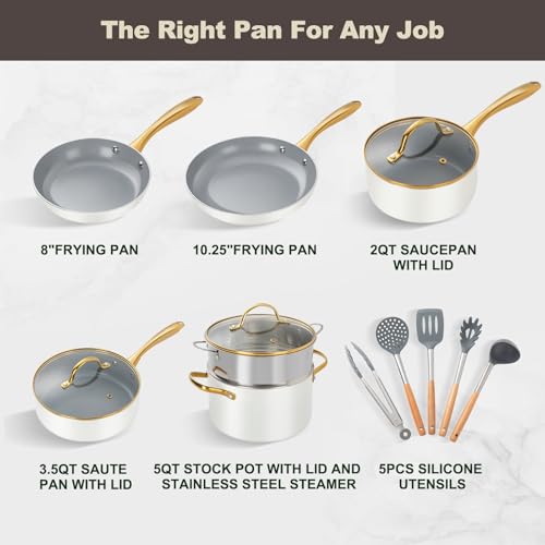 Ceramic Nonstick Cookware Set 14-Pc Kitchen Pots & Pans with Silicone Utensils