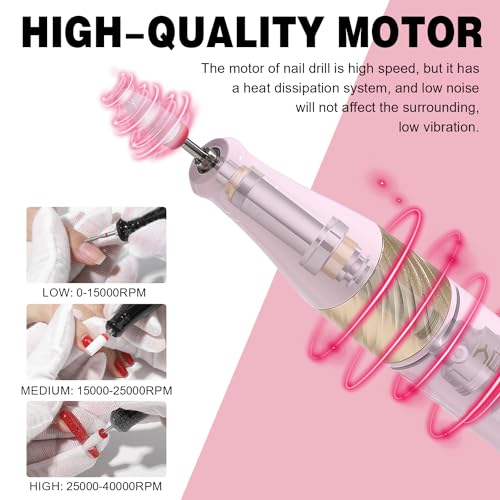 Pink Nail Drill Machine - 40000 RPM Electric Nail File for Acrylic & Gel Nails, Professional Manicure & Pedicure Tool
