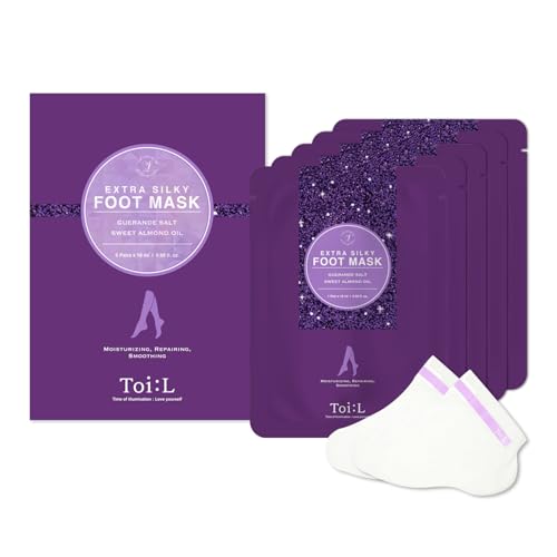 Toi:L Extra Silky Foot Mask 5 Pairs, Post-Peeling Foot Care Treatment, Moisturizing Socks with Guerande Salt & Sweet Almond Oil for Dry Feet, Cracked Heels, and Callus, Stocking Stuffer