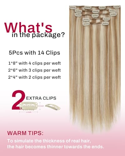 Clip-In Hair Extensions Short 12 Inch Golden Blonde Highlights Natural Human Hair