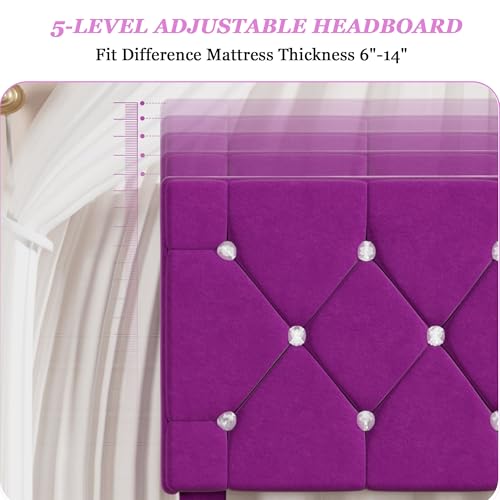 Purple Twin Size Bed Frame with Diamond Tufted Headboard - Upholstered Platform Bed with Wood Slats - No Box Spring Needed - Variation: Purple-1