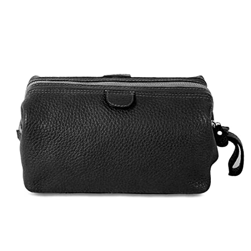 KomalC Buffalo Leather Travel Toiletry Bag - Black, Men's & Women's Organizer