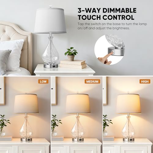 Set of 2 Bedside Lamps with Crackle Glass & Silver Finish - Touch Dimmable with USB Charging Ports