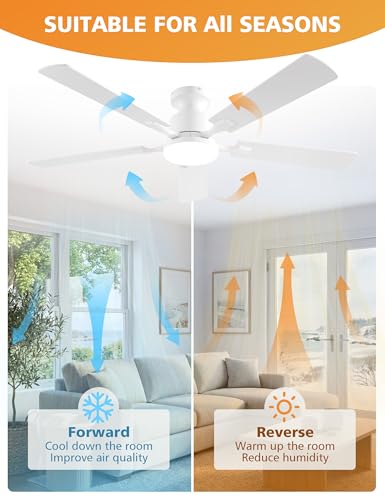 52 Inch Ceiling Fan with Lights - Flush Mount, Remote & App Control, Dimmable LED, Reversible & Quiet for Bedroom & Living Room - White / 52 Inch