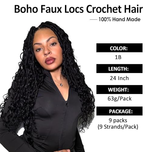 Prelooped Boho Faux Locs Crochet Hair 1B#, 24 Inch - Pack of 9 for Natural Black Style