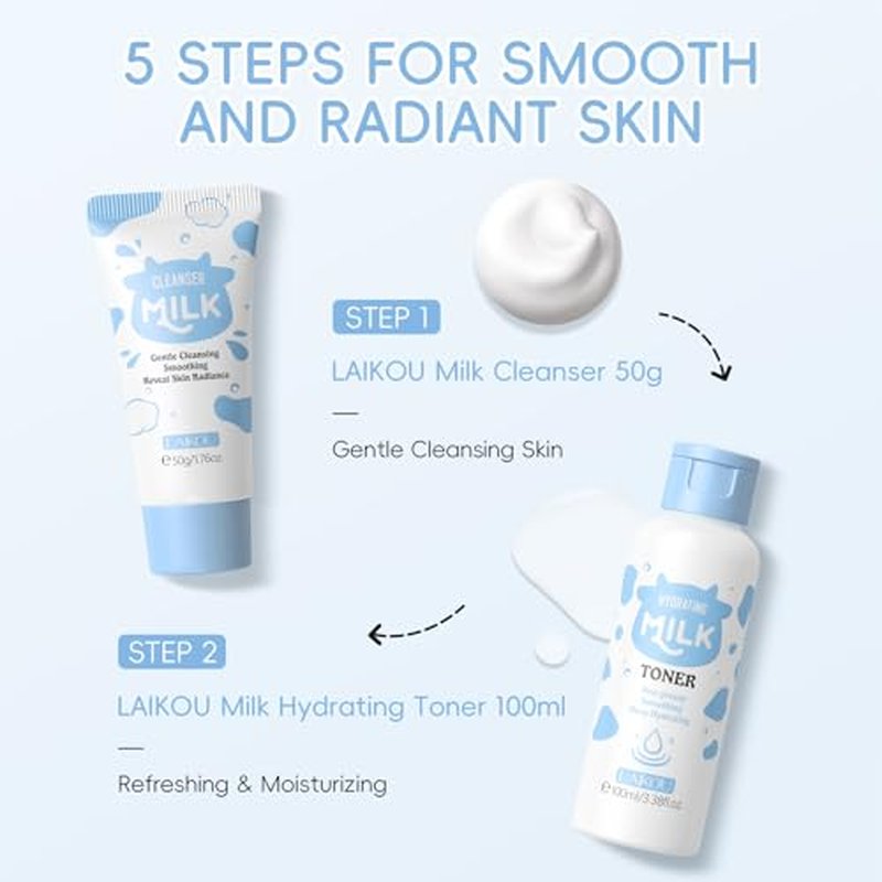 LAIKOU Skin Care Set, Skin Care Routine Kit for Women, Skincare Gift Set, Travel Size Toiletries with Milk Cleanser, Toner, Serum, Eye Cream, Face Cream Mother's Day Christmas Birthday Daughter Wife