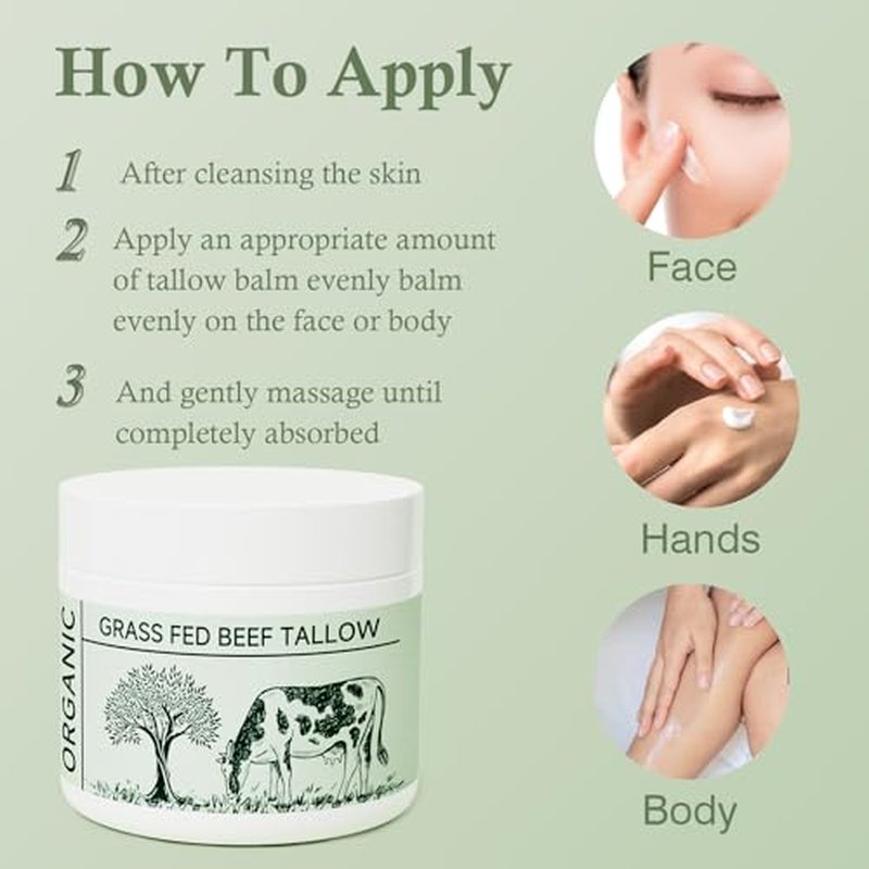 Beef Tallow, Beef Tallow for Skin, Moisturizer for Dry Skin, Unscented Beef Tallow Blam Grass Fed Whipped Tallow Face Cream Nourishing Soothing Moisturizer Body Lotion Skin Care, 4 Packs