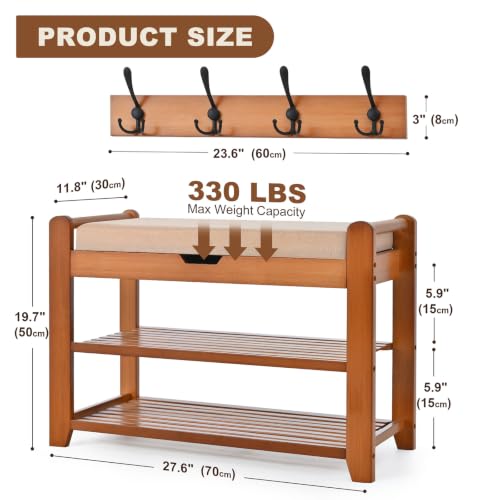 27.6in Bamboo Shoe Rack Entryway Bench with Hidden Drawer & Hooks - Homman