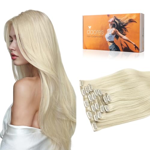 DOORES 20in 120g 7-Pack Clip-In Hair Extensions - 9A Real Human Hair, Balayage Platinum Blonde