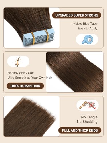 Tape In Hair Extensions - Medium Brown, 14 Inch, Pack of 20, Reusable Human Hair