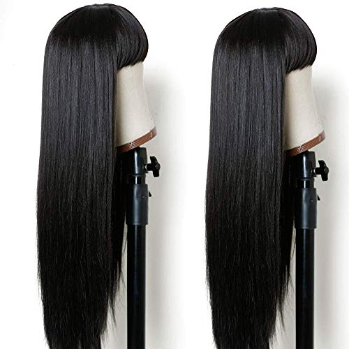 Long Straight Remy Hair Wig 26 Inches Natural Black Heat Resistant Full Machine Wig with Bangs