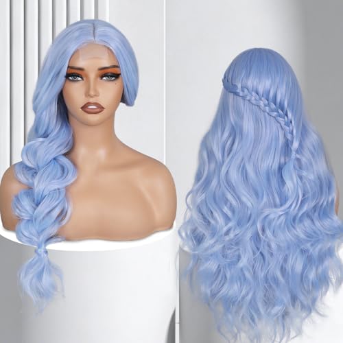 FAVE Light Blue Wavy Synthetic Wig for Women 26-Inch Long Party & Daily Use