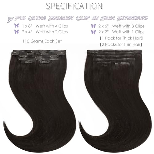 Darkest Brown 16 Inch Seamless Clip-In Human Hair Extensions - 110g