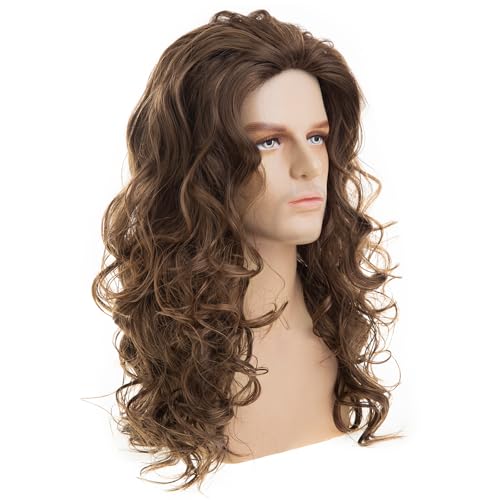 RicHyun Men's Long Curly Wavy Brown Wig Synthetic Cosplay Hair - Halloween & Party Costume