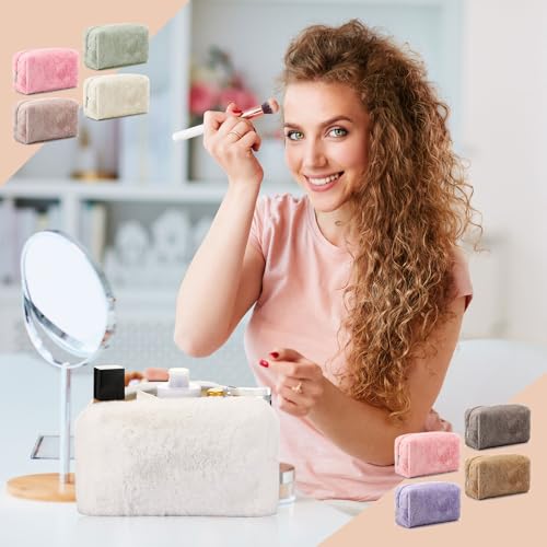 Sanwuta 9 Pcs Fuzzy Makeup Bag Bulk Aesthetic Preppy Fluffy Plush Cosmetic Pouch Zipper Cute Pencil Case Travel Toiletry Bag for Women Winter Christmas Gifts Wedding Party Favors, 9 Colors
