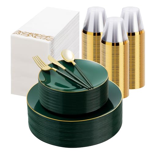 Bestluck 350-Piece Green & Gold Disposable Dinnerware Set for 50 Guests