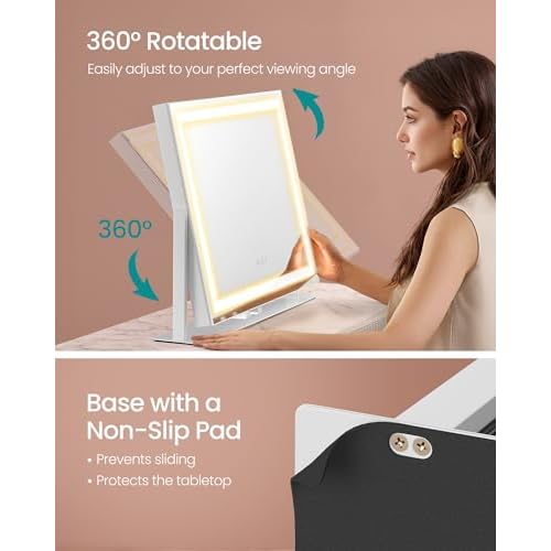 SONGMICS Vanity Makeup Mirror with Lights, Touch Control, Angle-Adjustable, Charging Ports, Detachable 10X Magnifying Mirror, 3 Color Temperatures, Dimmable, Phone Holder, Matte White ULWM002W01V1