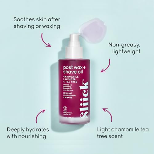 Sliick Post Wax + Shave Oil ? Soothing After Shave Oil with Chamomile, Lavender & Tea Tree for Razor Bumps, Ingrown Hair & Redness, After Waxing & Shaving Treatment, 4 fl oz