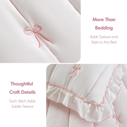 Pink Queen Size Embroidered Ruffle Quilt Set with Bow Details - 3 Piece