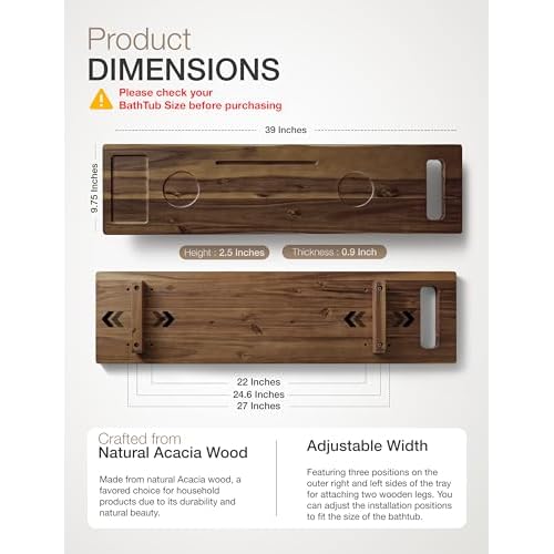 Tinamo Acacia Bathtub Tray Caddy with Adjustable Legs - Bath Tub Tray for Freestanding Tubs - 39x9.75 Inch Large Wooden Anti-Tipping Tub Tray for Bathtub with Accessories Holders (Walnut, 39x9.75)