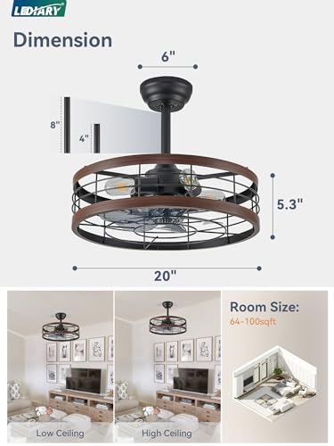Walnut 20 Inch LEDIARY Caged Ceiling Fan with Light & Remote Control