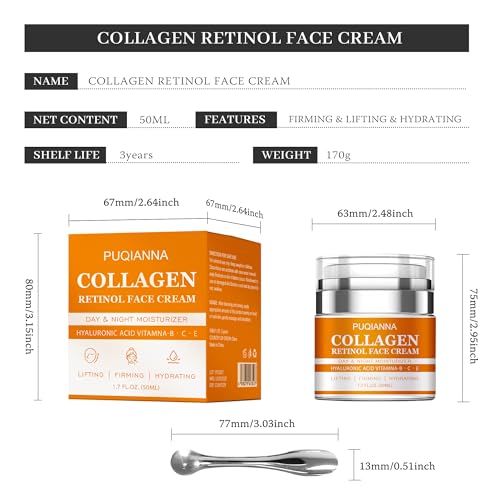 PUQIANNA Instant Face Lift Cream with Collagen & Retinol - Day and Night Face Moisturizer, Anti-Aging Firming Cream with Hyaluronic Acid & Vitamin B C E, Hydrating Lifting Face Cream, 1.7 Fl Oz