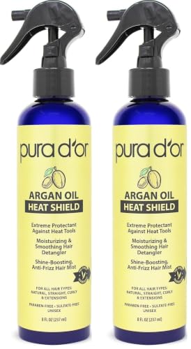 PURA D'OR Argan Oil Heat Protectant Spray 8 Oz Pack of 2 - Thermal Heat Shield for Hair Up to 450°F, Leave-In Shine & Damage Repair