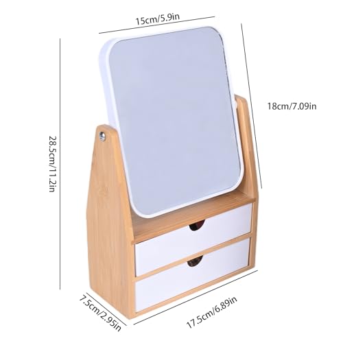 Rectangular Magnifying Makeup Mirror with Storage Box - 1X/5X Double-Sided, Bamboo Frame