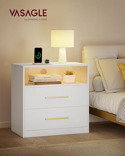 VASAGLE Nightstand with LED Lights & Charging Station - Cloud White, 2 Drawers